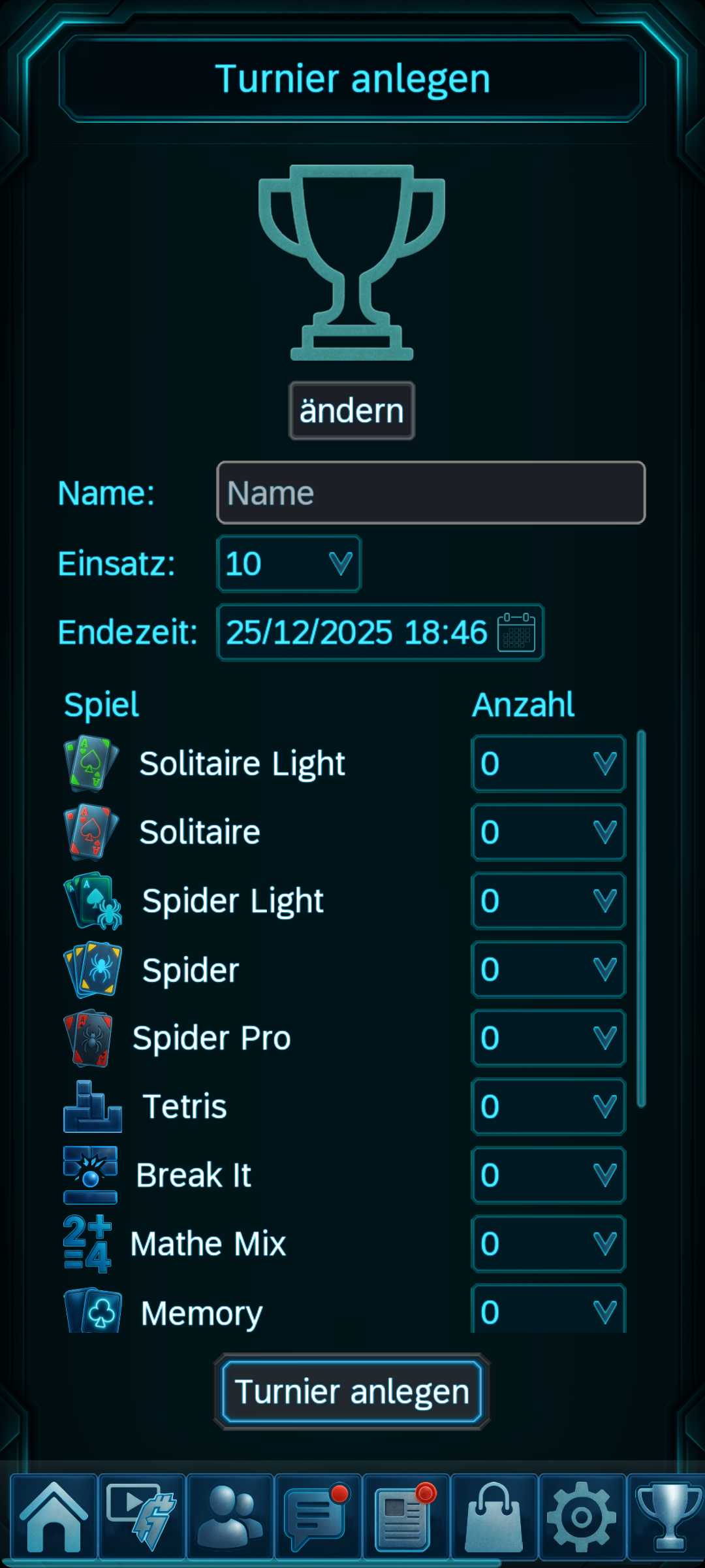 Lege dein Turnier für deine Freunde an